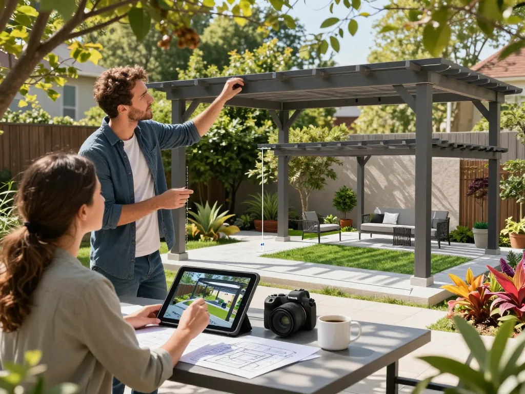 Interaktiver Pergola Konfigurator in einem Garten-Setup, das Echtzeit-Designfunktionen und Augmented Reality zeigt.