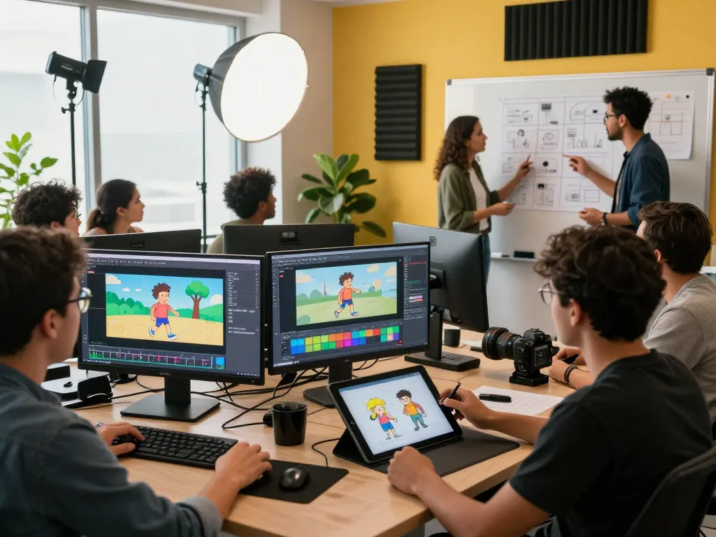 Team utilizing motion control technology in a modern studio to create dynamic animations.