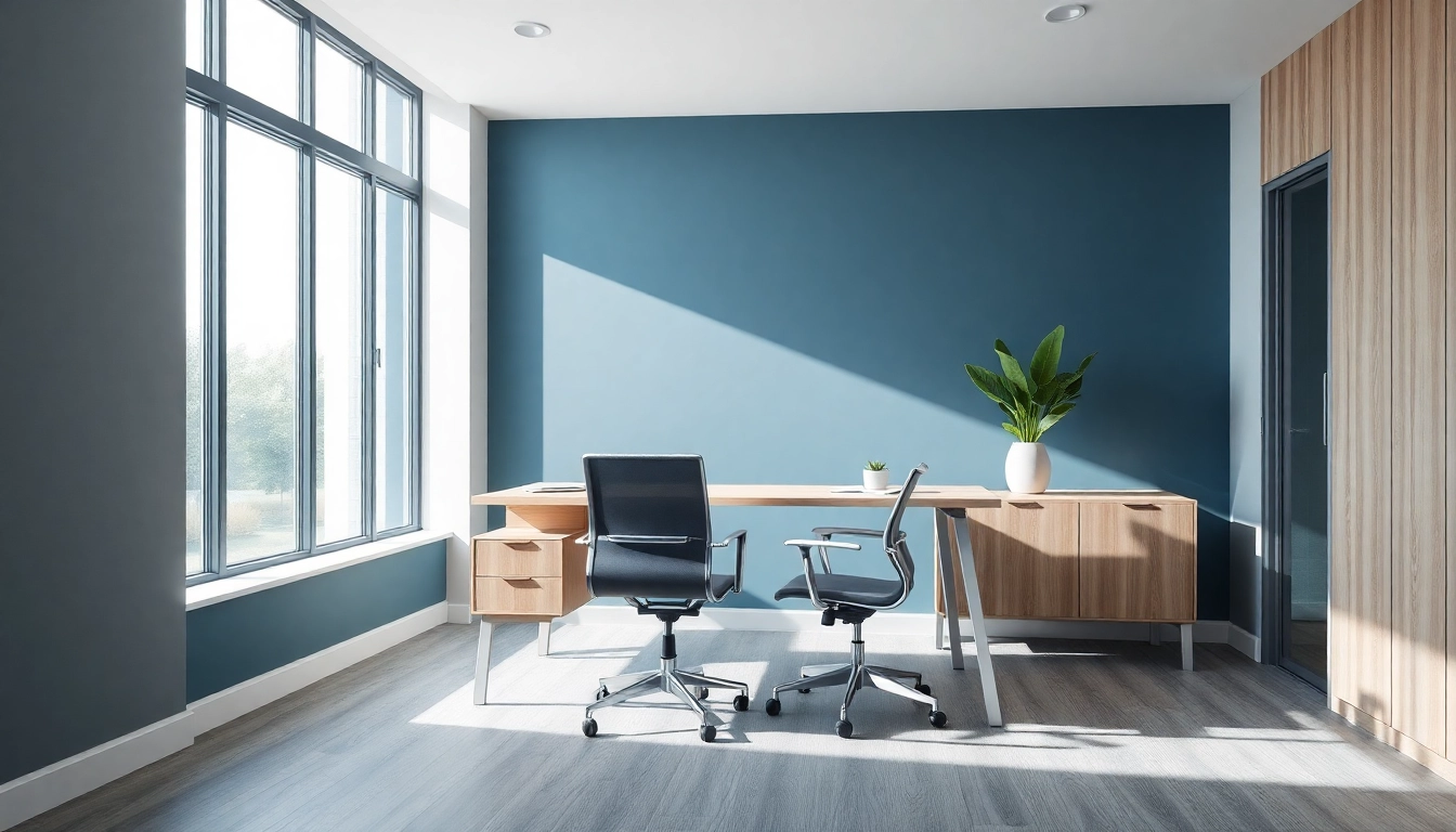 Moderne Büromöbel in einem hellen, minimalistisch gestalteten Büro zeigen eine harmonische Arbeitsumgebung.