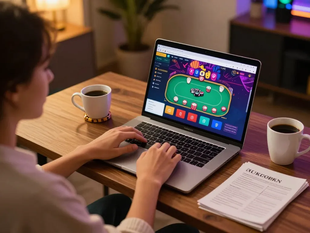 Engaged player exploring cm88 online poker interface in a cozy home setting.