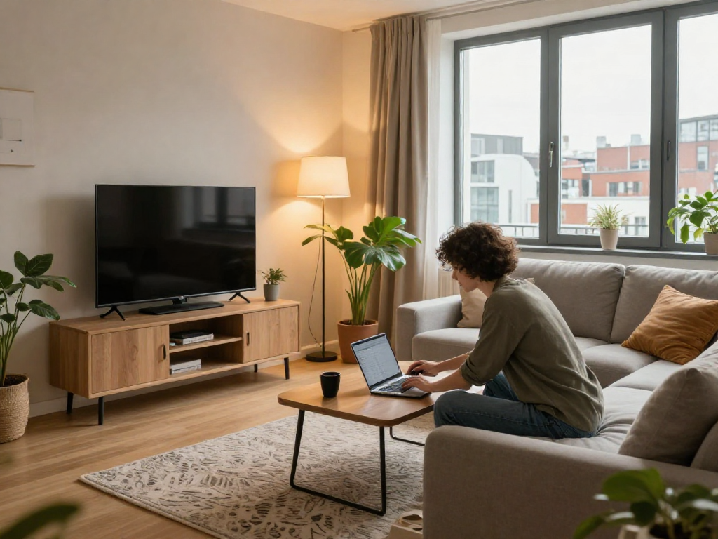 Gemütliche Monteurwohnung in Hannover mit modernem Wohnbereich und Arbeitsstation.