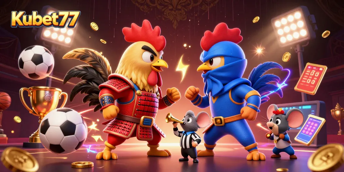 Kubet77 engages players in an electrifying rooster battle illustration among sports elements.