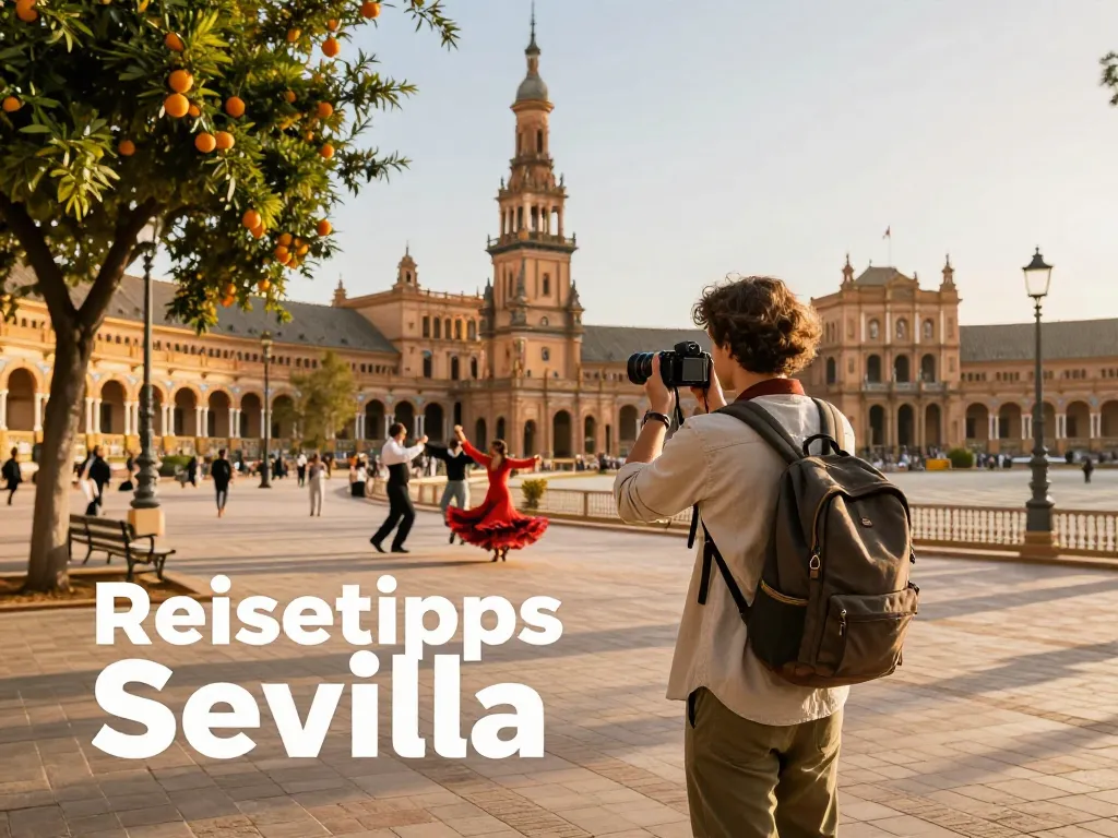 Reisetipps Sevilla: Reisender, der die Kultur und Architektur von Sevilla in einer lebendigen Straßenszene festhält.