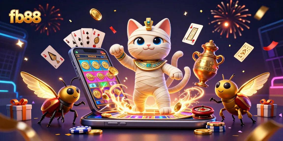 Engage with fb88's thrilling casino adventure as the mummy cat bursts into action, revealing colorful slot games and riches.