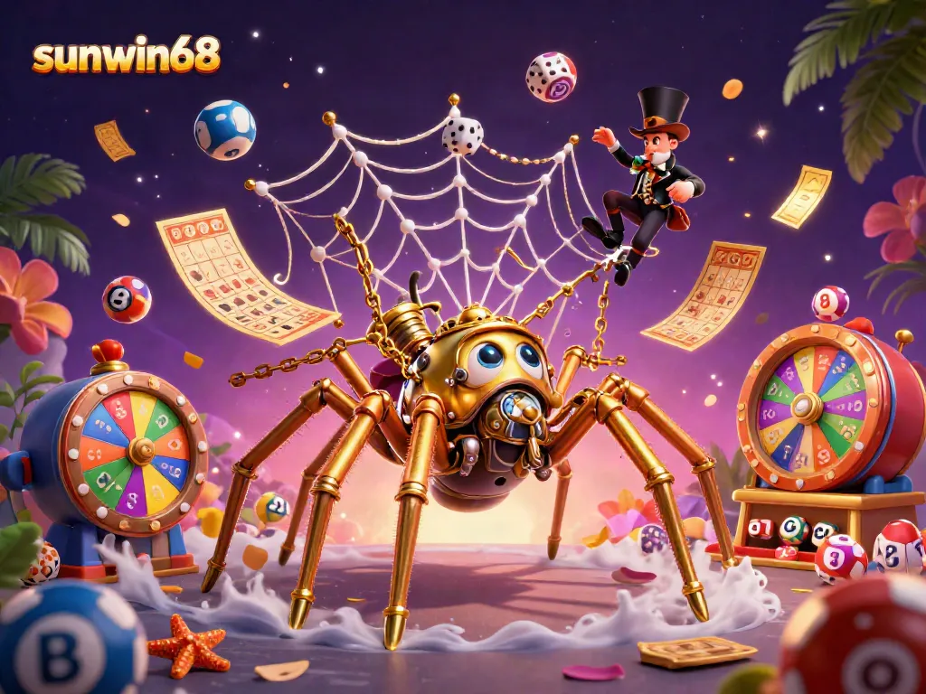 Engage with exciting gambling games at sunwin68 as vibrant lottery balls and casino elements surround a golden spider.