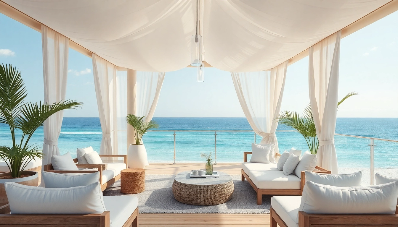 Entspanne in einem modernen coastal cabana am Strand, umgeben von blauen Farbtönen und tropischen Pflanzen.