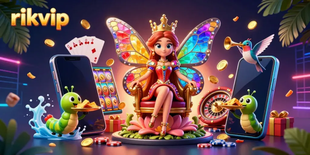 Experience thrilling gameplay at rikvip with a lavish butterfly queen and fun casino elements.
