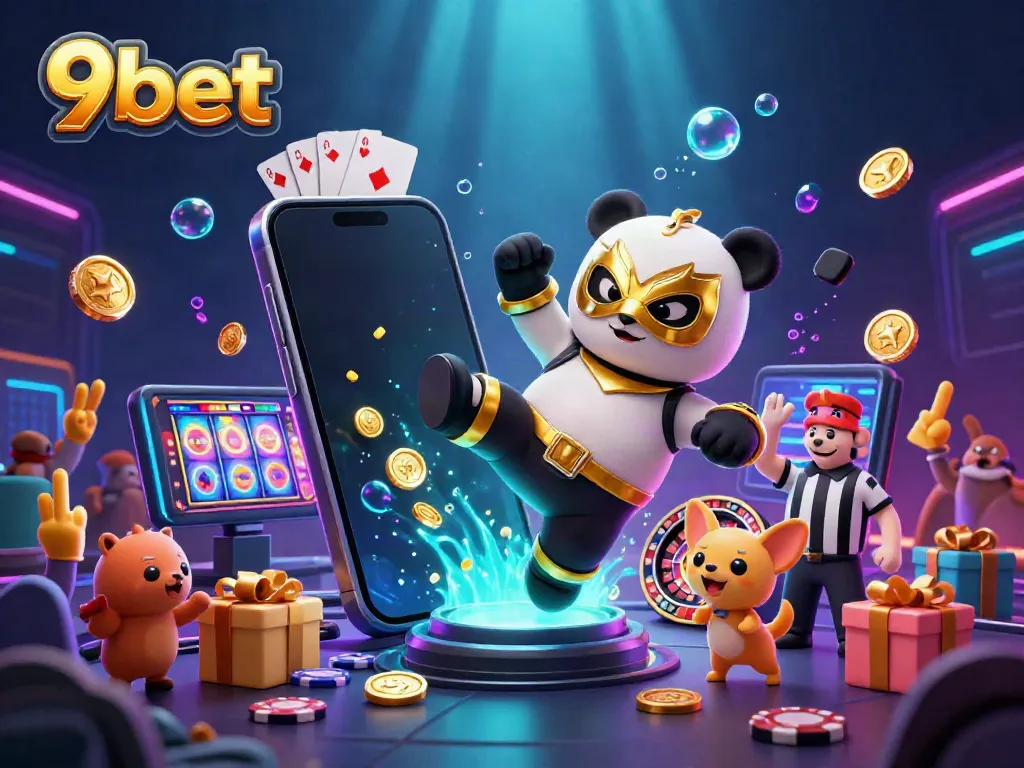 Engage in thrilling 9bet gameplay with a lively scene of animated characters and dynamic casino elements.