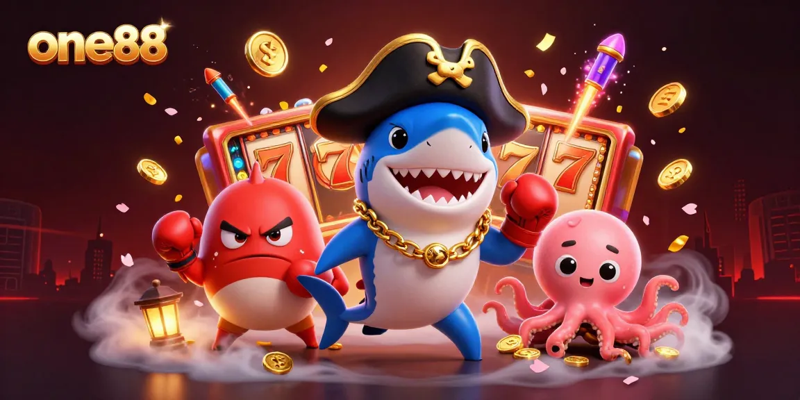 one88's vibrant casino scene featuring a playful shark, pufferfish, and octopus among slot reels.