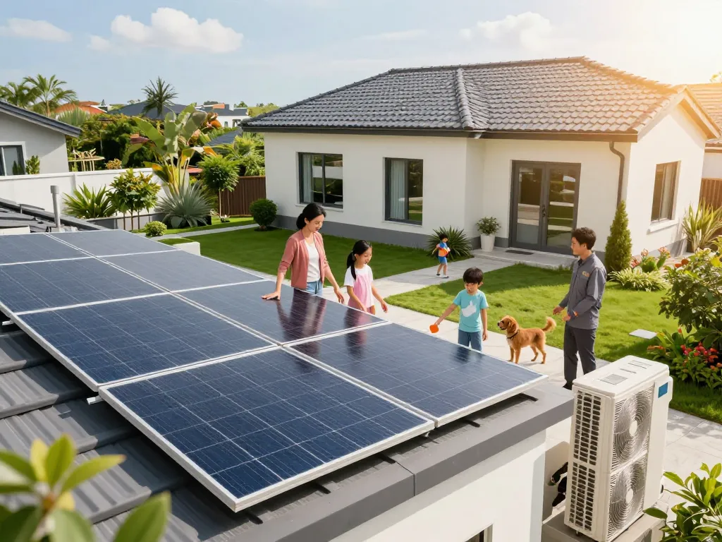 Installation von Photovoltaik Bayern mit einer Familie, die Solarpanels und eine Wärmepumpe genießt.
