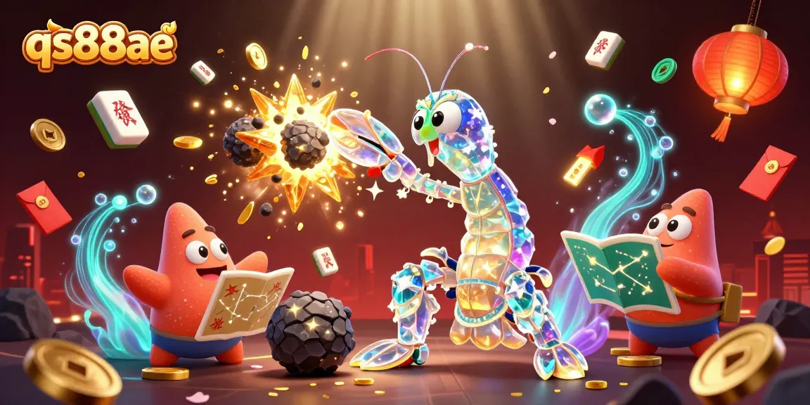 Experience qs88ae's thrilling galactic adventure with a mantis shrimp and starfish taking on a cosmic jackpot.