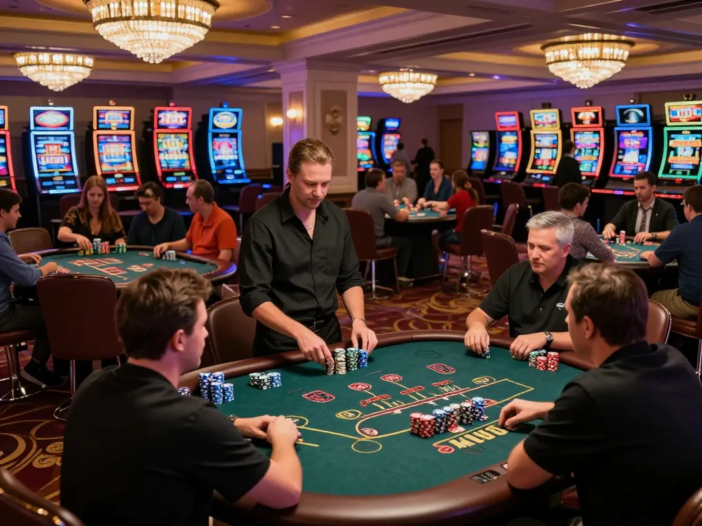 Players engage in a thrilling game at me99 casino with a dealer flipping cards and vibrant casino lights.