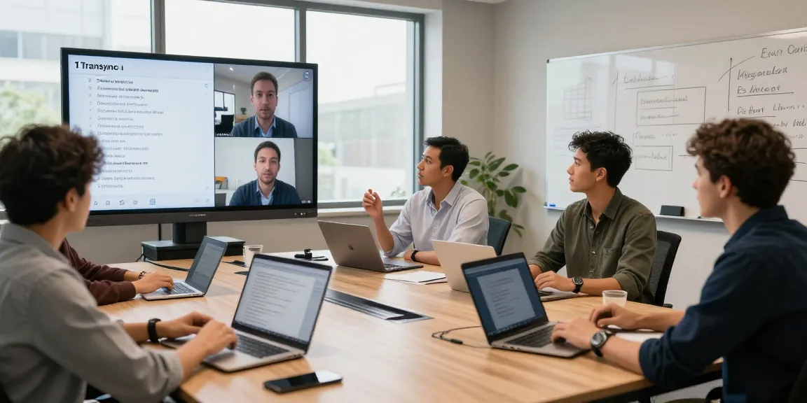 Transync AI Echtzeit Übersetzung in einer modernen Besprechung mit technologischem Hintergrund und Teamarbeit.