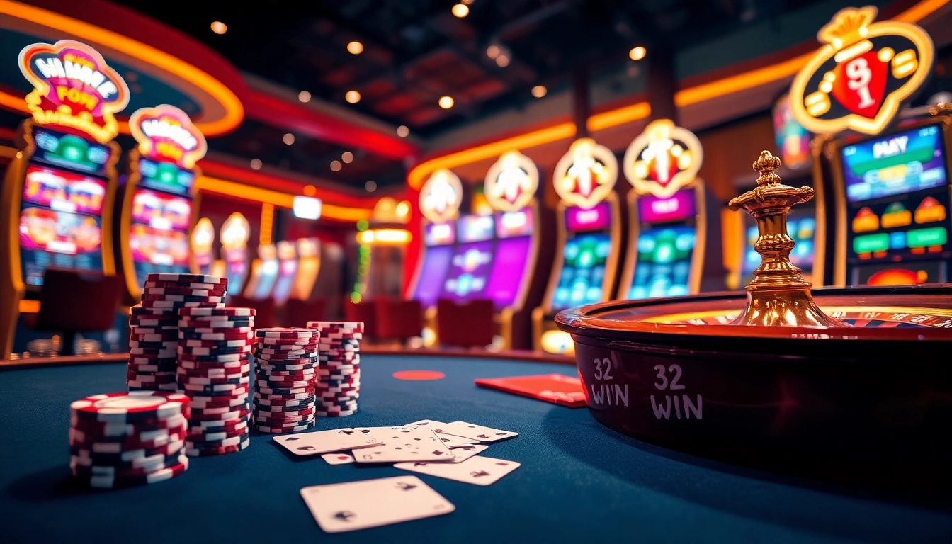 Engaging scene of luxury gambling at 32wincom casino table featuring cards, chips, and roulette wheel.