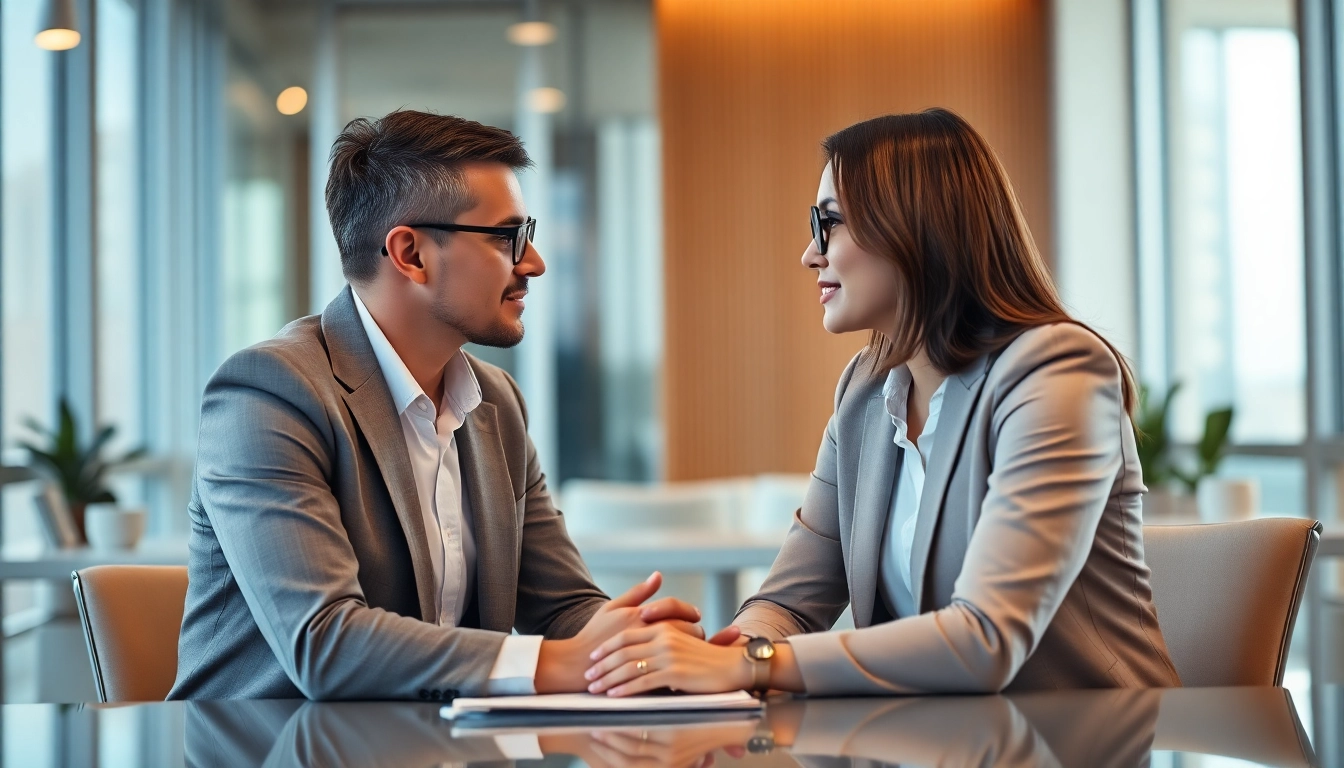 Headhunter consulting with clients in a modern office, showcasing expertise and professionalism.