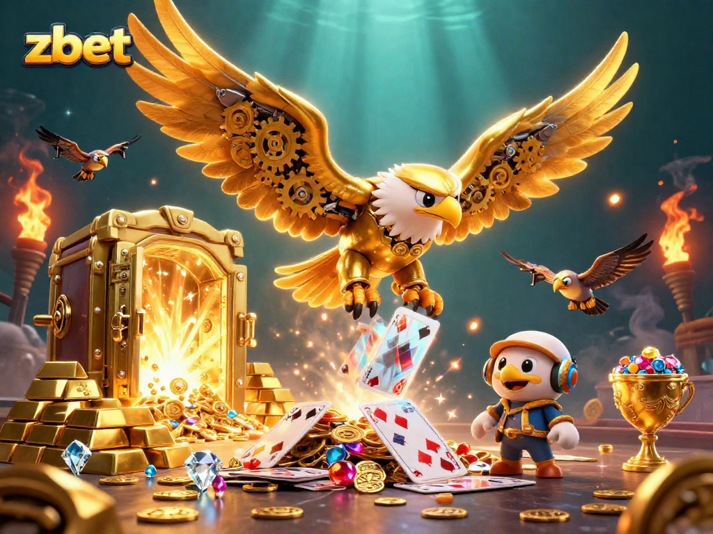 Engage with zbet's thrilling 3D casino adventure featuring a golden eagle amidst holographic cards and treasures.