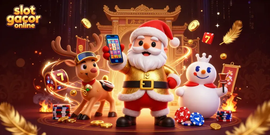 Experience the thrilling jackpots of slot gacor online with a festive 3D casino scene featuring animated characters.