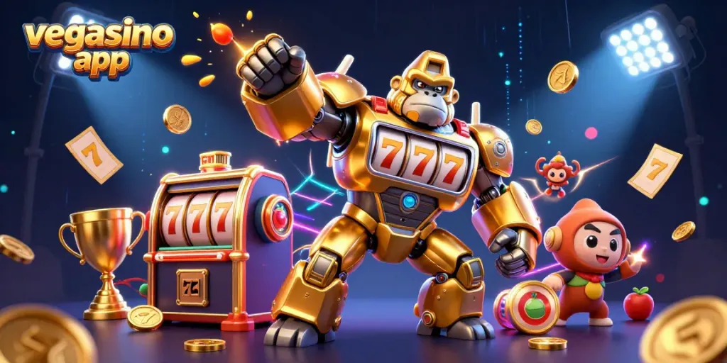Engage with vegasino app's exciting slots and dynamic gameplay featuring a golden mech illustration.
