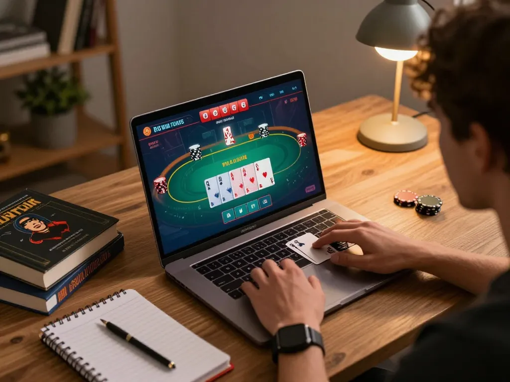 Player navigating the f168 online poker game interface with strategy notes in a cozy environment.
