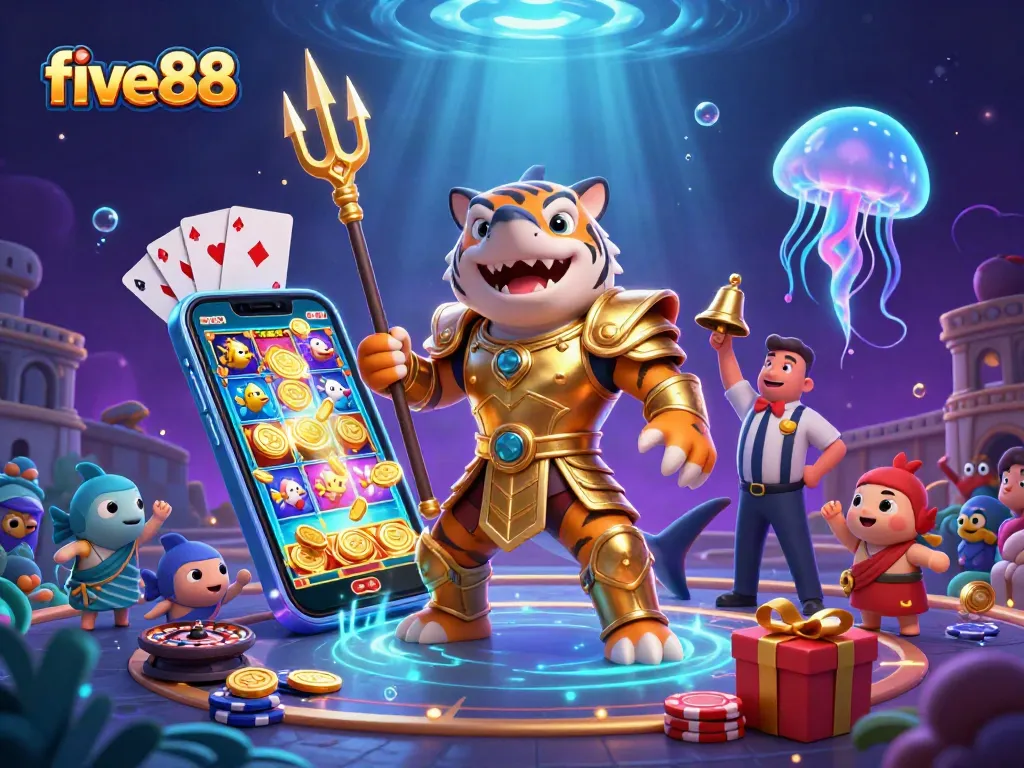 Engage with five88's vibrant, action-packed casino scene featuring a shark, slot games, and exciting gaming elements.