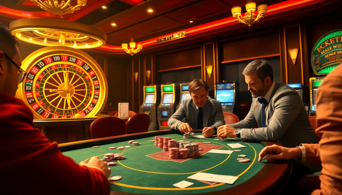 Intensely playing poker and roulette in a luxurious casino, featuring hidden wiki links.