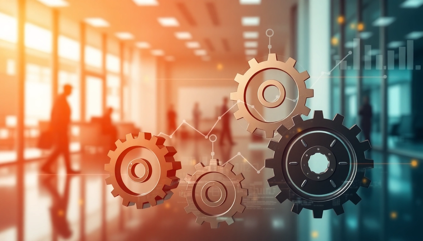 Visualize Prozessoptimierung with gears and digital motifs symbolizing workflow improvement.