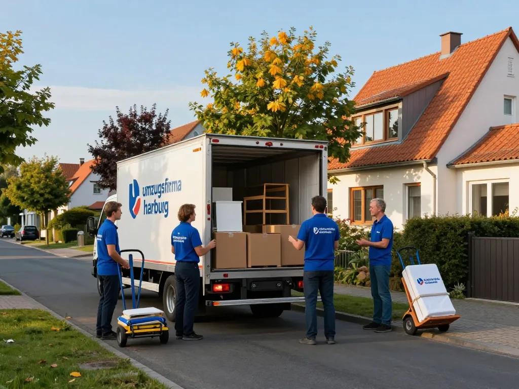 Engagierte Umzugshelfer von umzugsfirma harburg packen Möbel effizient vor einem Familienheim ein.