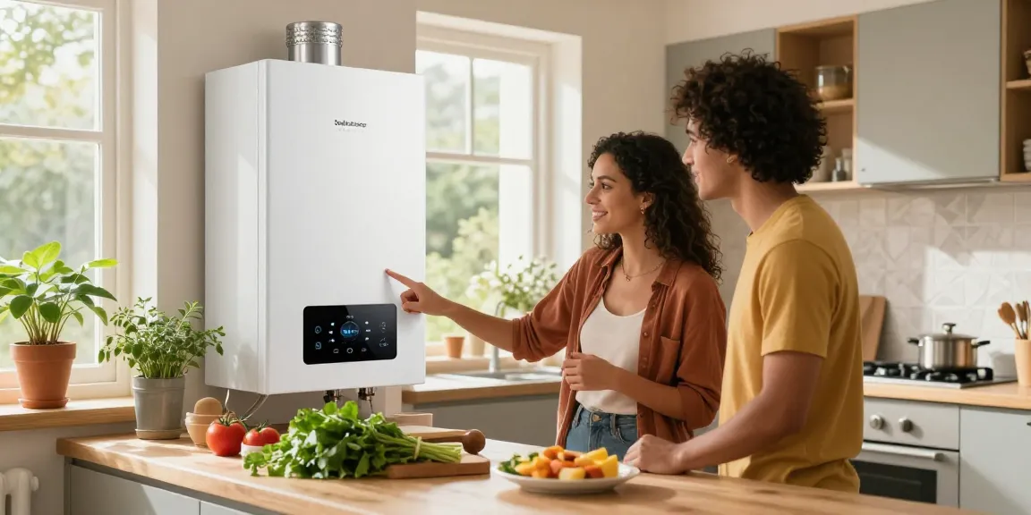 Junges Paar erkundet die Funktionen eines energieeffizienten Boiler Heizsystems in einer modernen Küche.