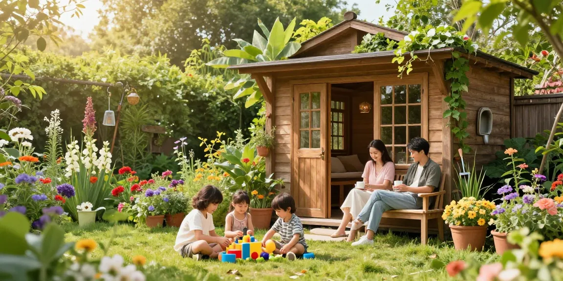 Gartenhäuser aus Holz in idyllischer Gartenlandschaft mit Familie.