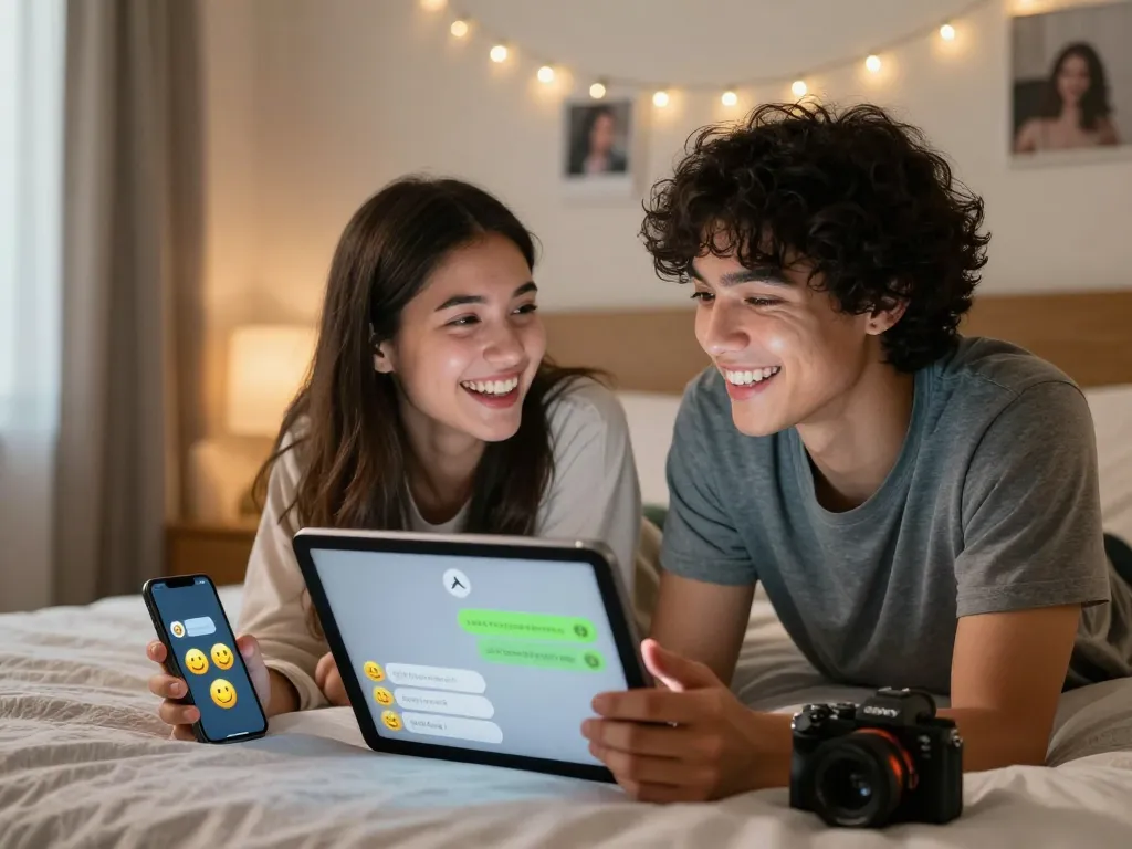 Couple enjoying sexting AI on a tablet in cozy bedroom setting.