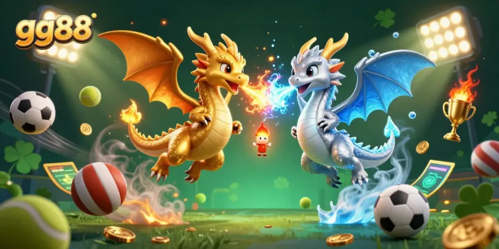 Win big at gg88 with a dynamic scene featuring gold and silver dragons amidst sports elements.