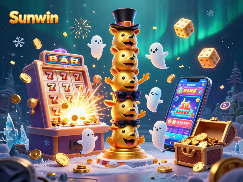 Experience the excitement of Sunwin with a vibrant scene featuring dynamic casino elements and a golden totem pole.