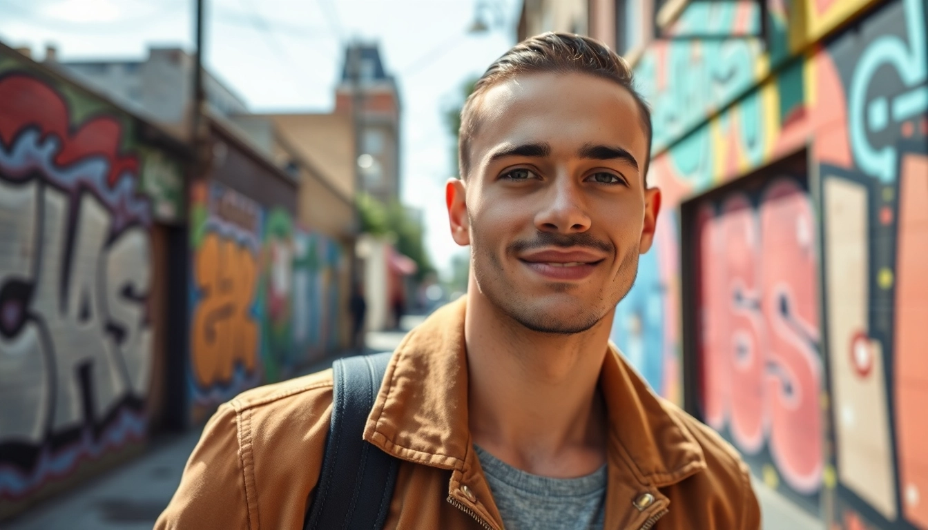 Tinder bilder von einem männlichen Modell bei einem Fotoshooting in urbanem Umfeld