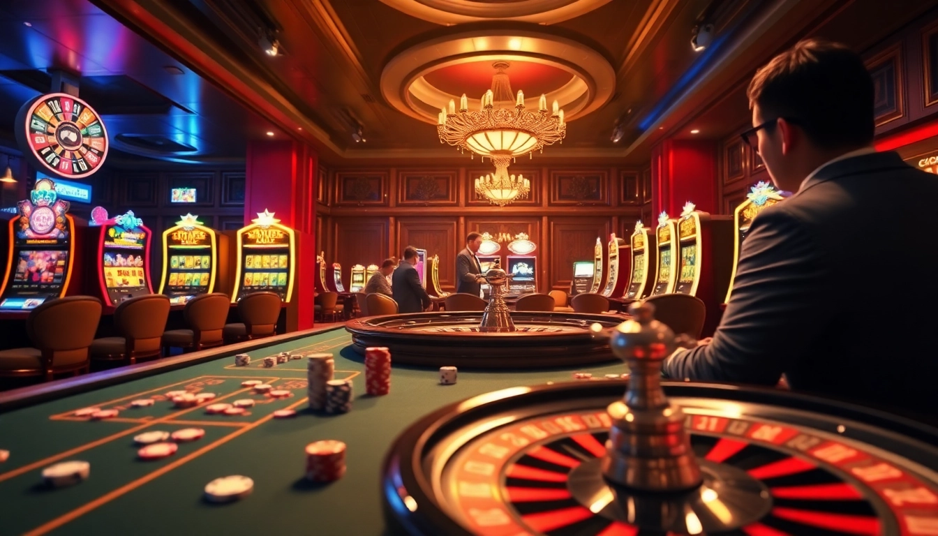 A lively casino scene featuring games from https://gg88.ltd/, highlighting poker chips and a roulette wheel.