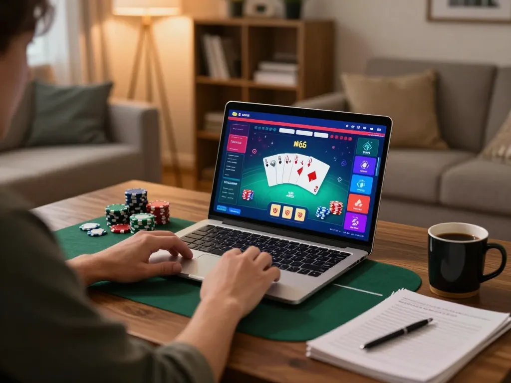 Player enjoying an online poker game on MB66, capturing a cozy home atmosphere with strategy notes.