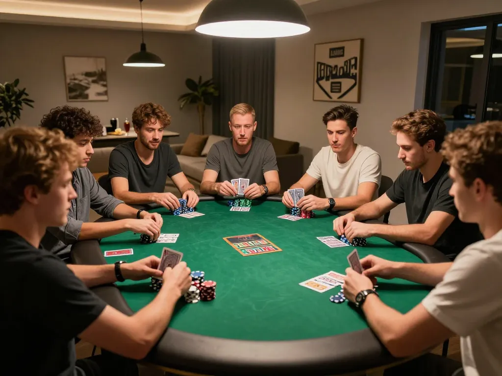 Friends enjoying poker night at home, using strategies and gameplay techniques for ssbet77 fun.