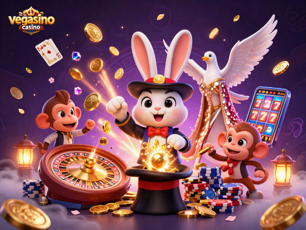 Experience the excitement of vegasino casino with a vibrant 3D illustration of magical casino characters.