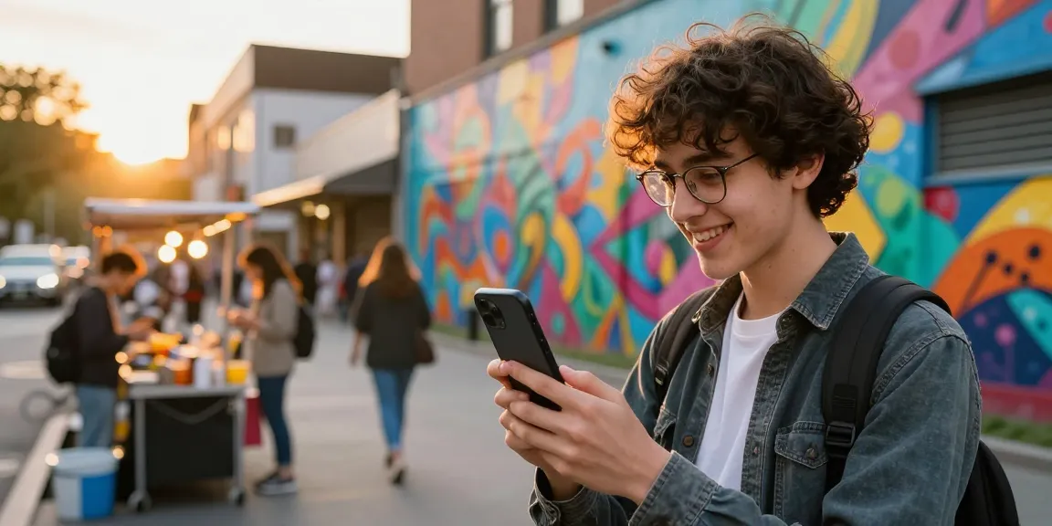 TikTok Follower kaufen: Junger Erwachsener in urbaner Umgebung, der sein Profil auf dem Smartphone überprüft, um seine Follower-Anzahl zu steigern.