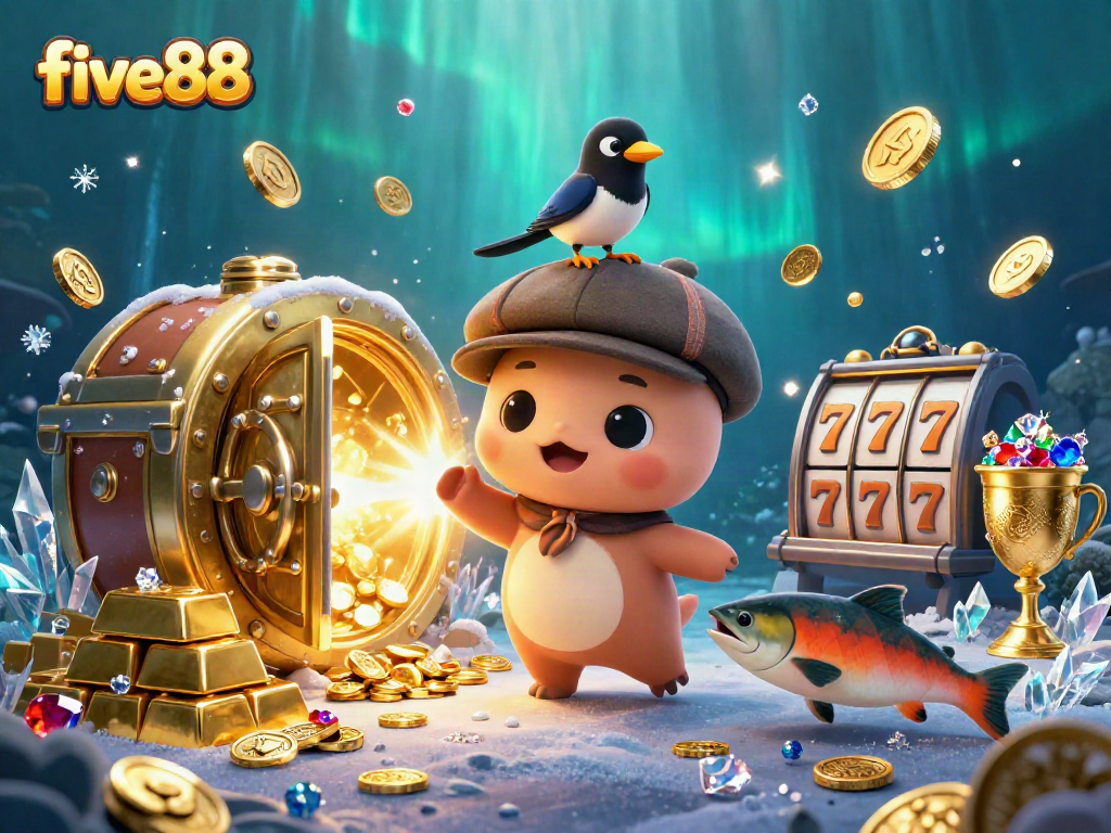 Experience the five88 jackpot thrill with playful characters amidst sparkling treasures and dynamic slots.