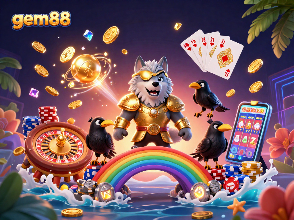 Experience the excitement of gem88 with Odin and ravens in a vibrant casino scene illustrating slots and jackpots.