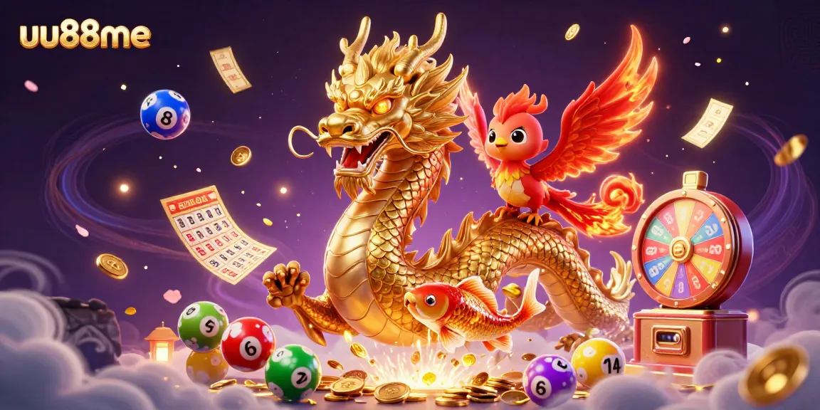 Engage with casino excitement at uu88me featuring a dragon, phoenix, and koi amidst vibrant game elements.