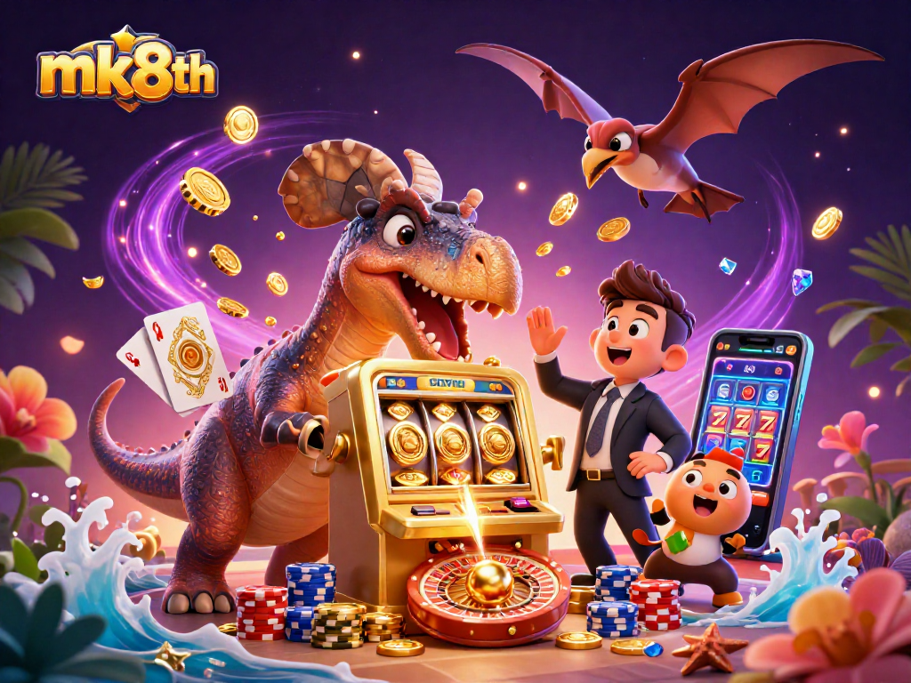 mk8th casino scene with cartoon dinosaurs winning jackpots and catching coins amidst vibrant gaming elements