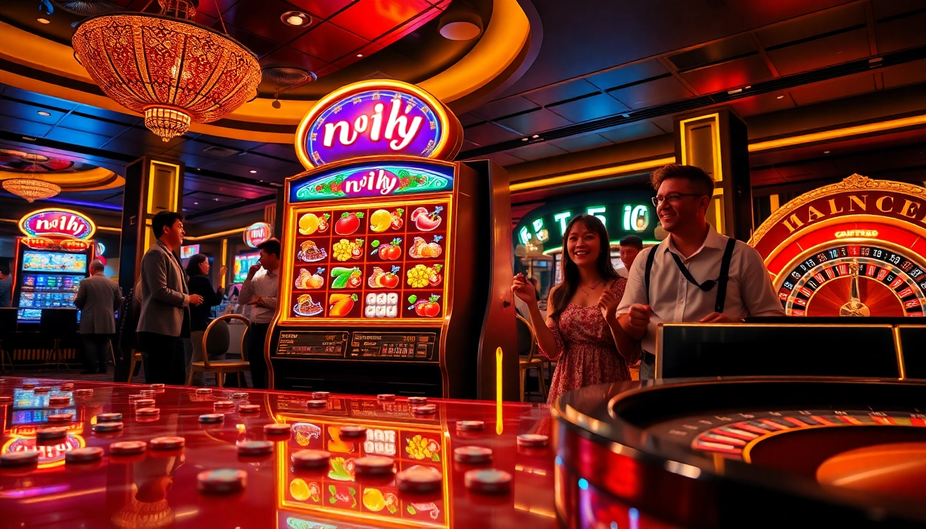 Engaging players enjoy the excitement of nổ hũ at a luxurious casino slot machine.