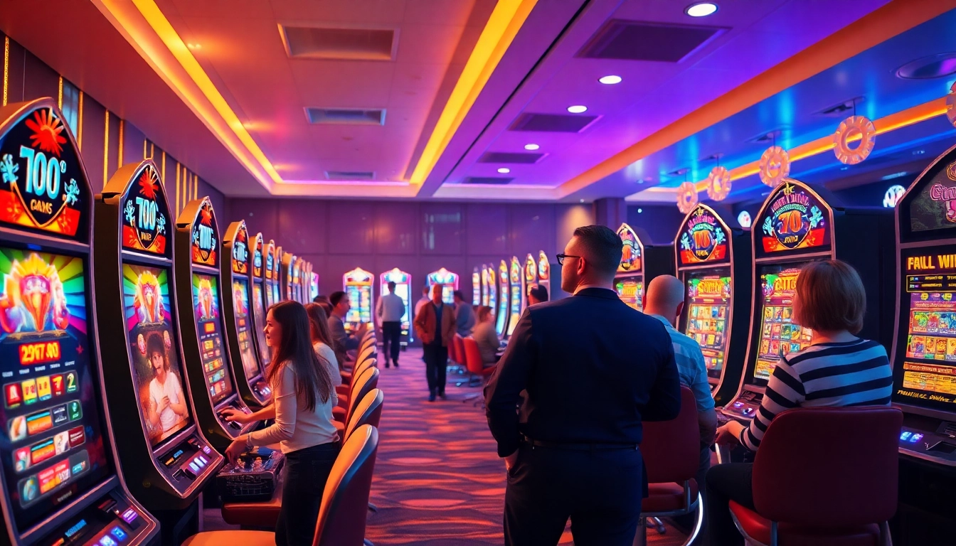 Erlebe den aufregenden online casino bonus mit lebhaften Spielautomaten und glücklichen Spielern in einem einladenden Umfeld.
