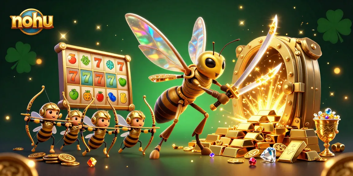 Nohu presents a vibrant 3D scene of a golden hornet samurai and bee archers amidst sparkling slot elements.