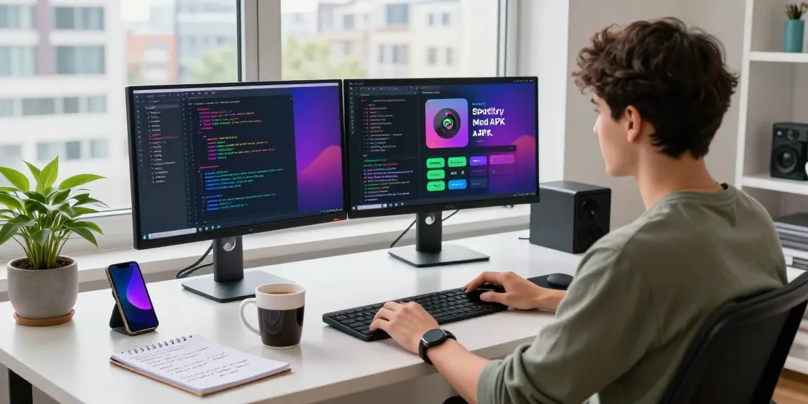Developer utilizing spotify mod in a modern workspace, showcasing vibrant coding and Spotify interface.