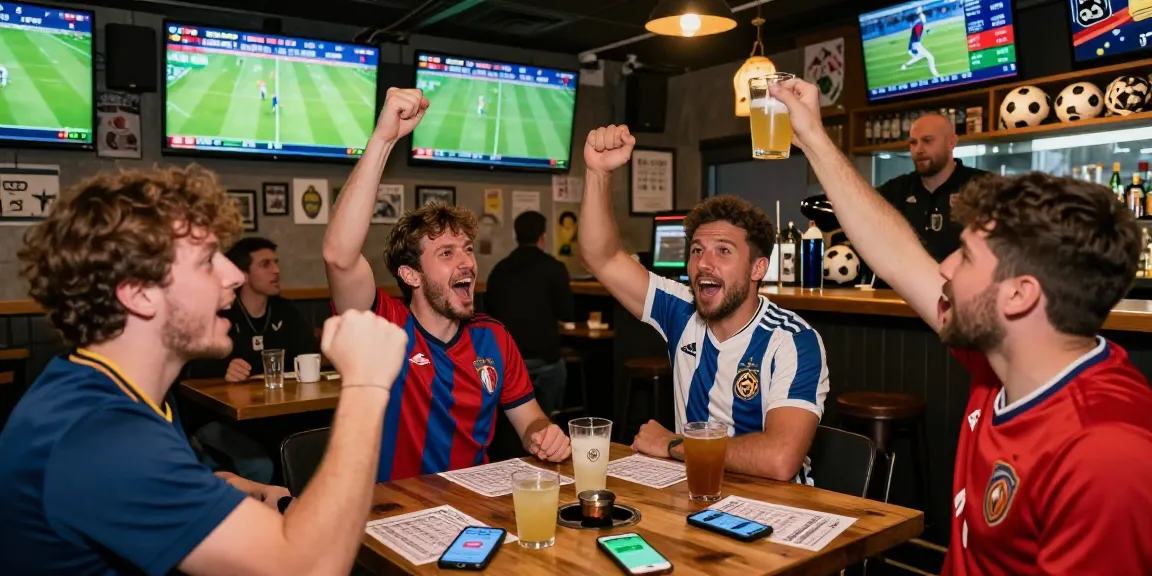 Enthusiasten wetten Fußball in einer lebhaften Sportsbar mit mehreren Bildschirmen und Jubel.