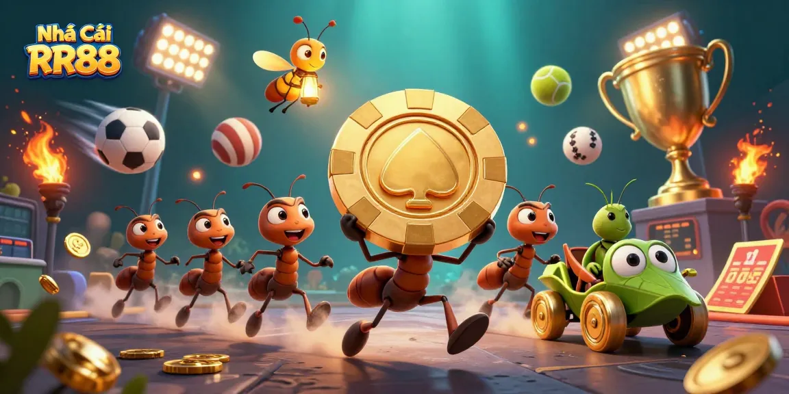 Engage with Nhà Cái RR88 as ants heist through a vibrant 3D gambling scene filled with sports elements and dynamic action.