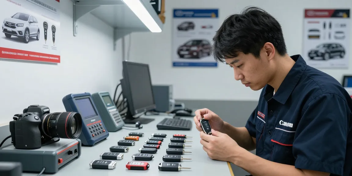 Techniker überprüft Autoschlüssel in einer professionellen Werkstatt, um sicherzustellen, dass alles richtig funktioniert — Bitte schön.