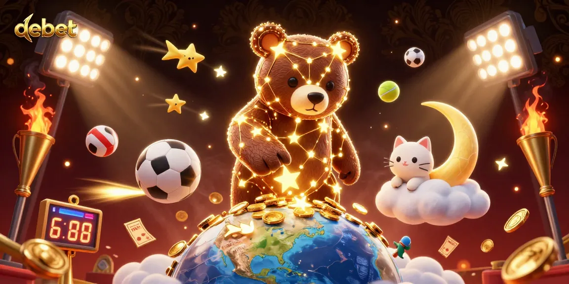 Experience the excitement of debet as the constellation bear scoops coins in a vibrant casino scene filled with sports elements.